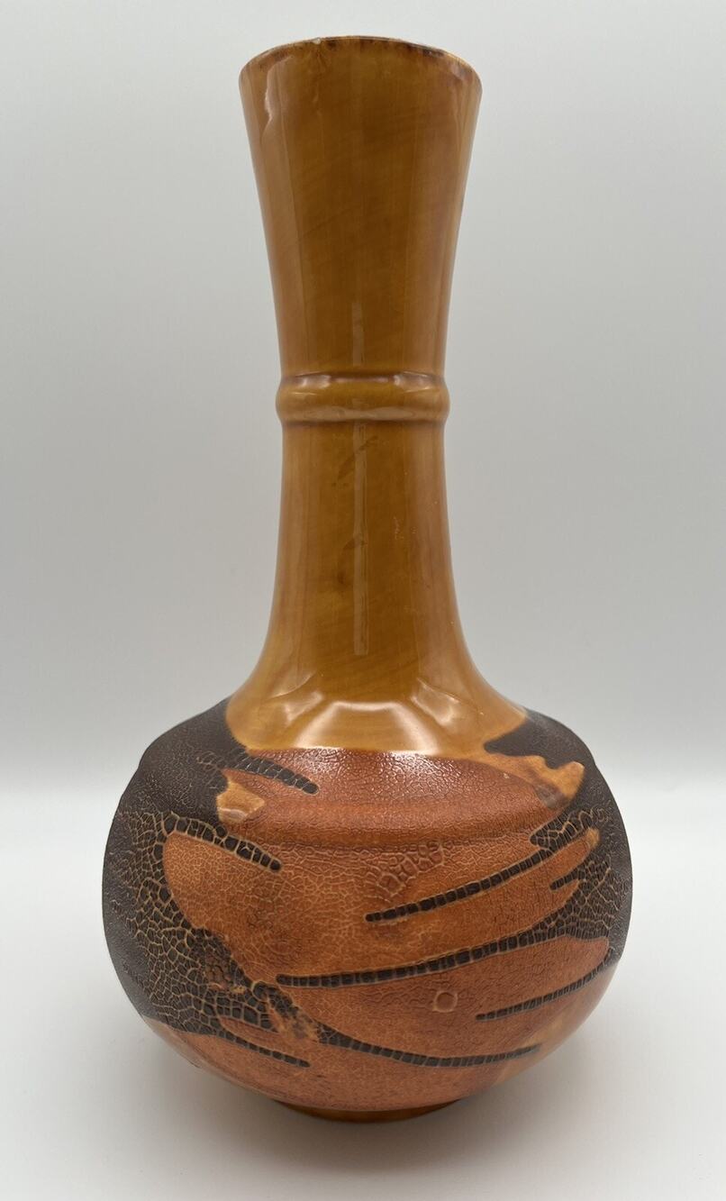 Royal Haeger Earth Wrap Vase 11” Yellow Glaze w Orange & Brown Texture Vintage